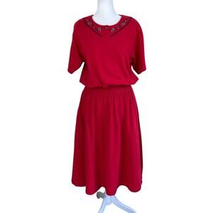 Vintage 90s Eddie Bauer Bright Red Midi Shirt Dress Elastic Waist Fit & Flare